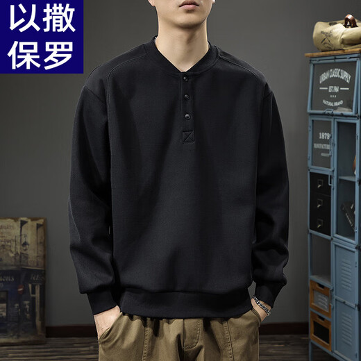 Isaac Paul (YISABAOLUO) autumn and winter velvet American retro Henry collar sweatshirt men's heavyweight trendy brand half cardigan coat loose long-sleeved POLO shirt black velvet M _Suitable weight 90-130Jin Jin is equal to 0.5 kg