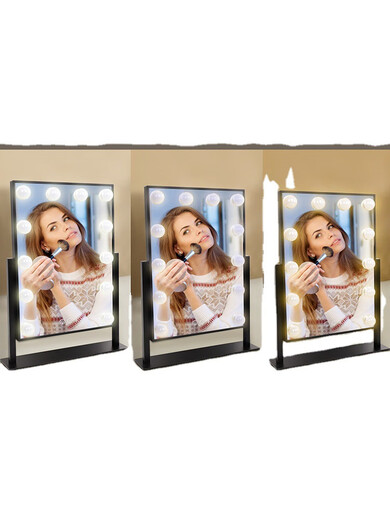 Cosmetic mirror desktop LED light large supplementary light vanity mirror desktop household lighted beauty mirror light bulb cool black 15 light rechargeable vertical style (three light colors + stepless dimming
