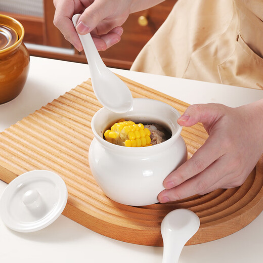 Baijie stew pot with spoon, small earthenware pot, ceramic bowl, lard pot, water-proof bird's nest steaming soup pot, steamed egg bowl with lid, white 400ml