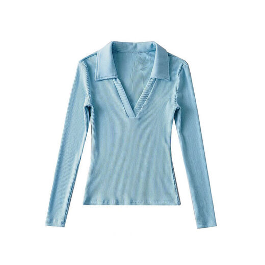 YoungGirlDay European and American hot girls sexy V-neck elastic tight slimming long-sleeved bottoming T-shirt jumpsuit top baby blue autumn and winter brushed version regular style S S