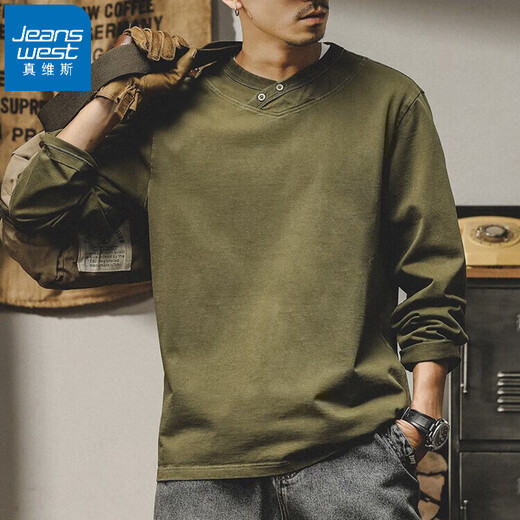 Jeanswest American heavy combed cotton t-shirt men's autumn and winter new solid color loose Henry collar trendy brand long-sleeved T-shirt military green 2XL suitable for 160-180Jin Jin equals 0.5 kg