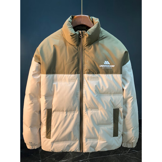QIANJI winter large size down jacket men's stand collar loose color matching warm jacket 2025 new velvet thickened bread coat khaki L Recommended weight 120-140 Jin Jin equals 0.5 kg Wear