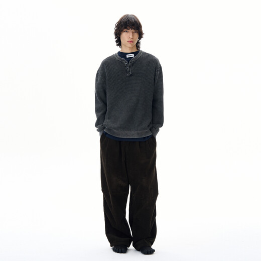 Oiro's shop American retro washed distressed long-sleeved sweater for men trendy brand high-end Henry collar sweater couple blue M