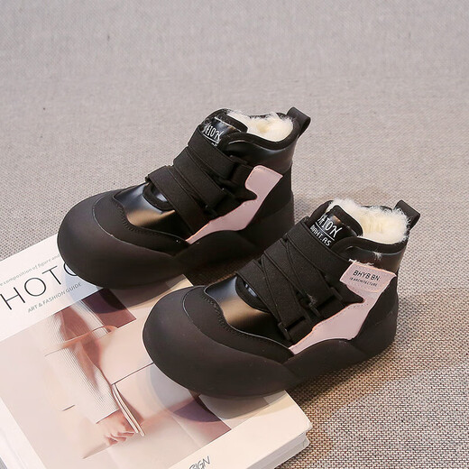 Girls' Snow Boots 2025 New Winter Large Cotton Shoes Children's Short Boots Women's and Large Children's Casual Shoes Plus Velvet Daddy Shoes Black Size 37 Shoes Inner Length 22cm