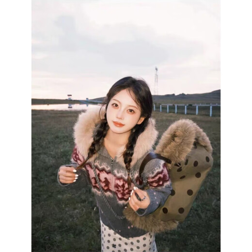 Harudi Tian Xiwei's same vintage Fair Isle sweater women's coat 2025 winter new fur collar zipper knitted cardigan gray regular one size fits all (90-120Jin Jin equals 0.5 kg)