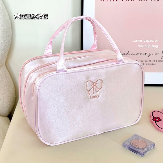 New Bow Cosmetic Bag Large Capacity Cosmetic Storage Bag Portable Upright Women's Travel Toilet Bag Three-Layer Strap Cosmetic Bag Pink Hanging Luggage丨Bow Knot
