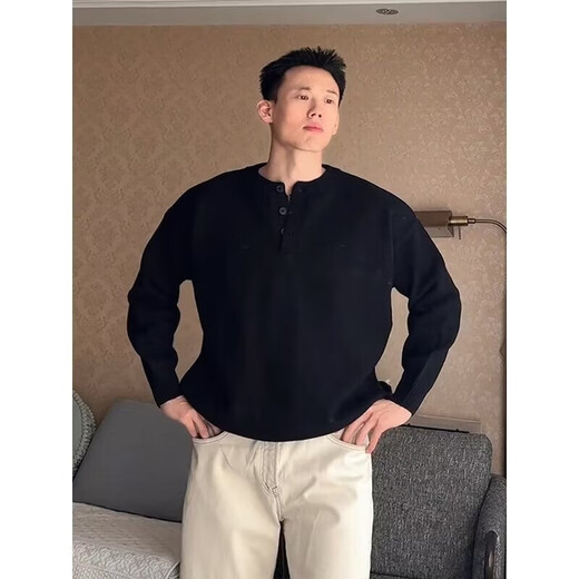 Japanese vintage Henry collar sweater for men and women autumn sweater business style bf retro pullover button knitted light gray M