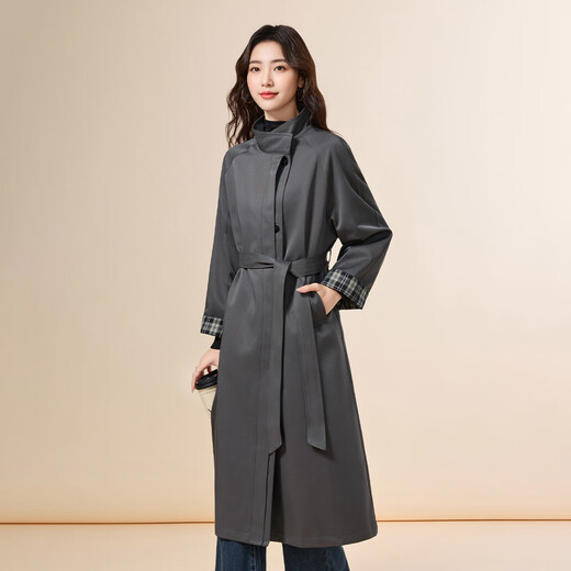 IEF/Aiyifu 2025 Autumn Very Good-looking Early Autumn Windbreaker Women's Stand Collar Fashion Lace-Up Mid-Length Jacket Dark Gray One Size