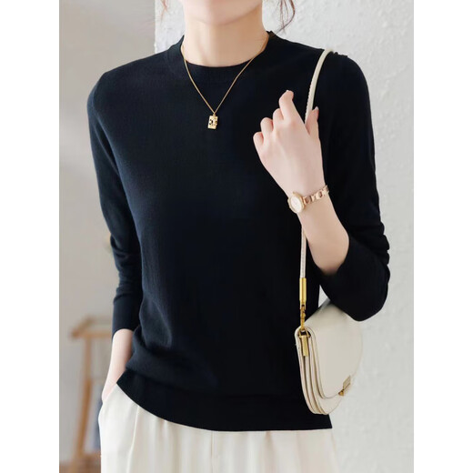 EMZ Ordos Superfine 100 Pure Wool Sweater Women's Round Neck Thin Pullover Sweater with Knitted Black Round Neck Machine Washable Wool Sweater 2XL Suitable for Weight 130-140Jin Jin is equal to 0.5 kg