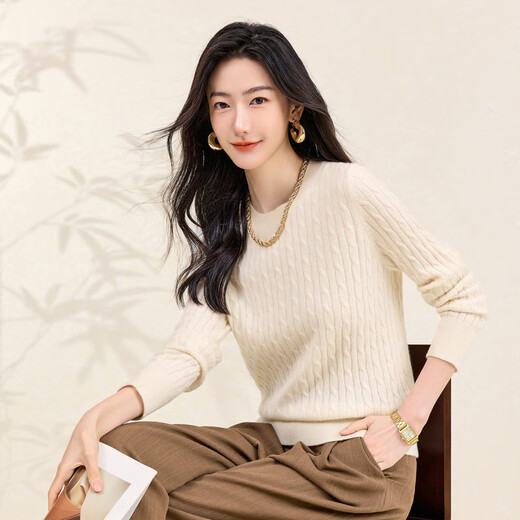Chunzhu Cashmere 2025 Autumn and Winter Round Neck Cable Warm Age-Reducing Comfortable Sweater Women's High-End Cashmere Sweater Hutt White M (90-110Jin Jin is equal to 0.5kg)