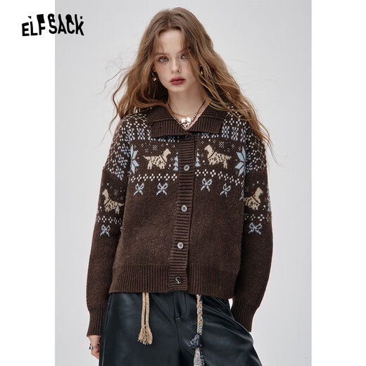 Fairy Pocket Polo Collar Fair Isle Cardigan Sweater Women's 2025 Autumn and Winter New Retro Lazy High-Quality Fair Isle Coffee Color M