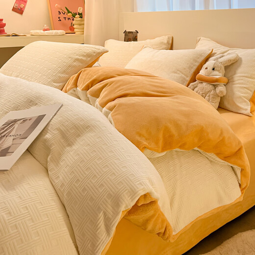 La Chapelle milk velvet four-piece set winter 2025 new flannel baby bed sheet quilt cover bedding woven pattern-white orange bed sheet style 1.5m four-piece set