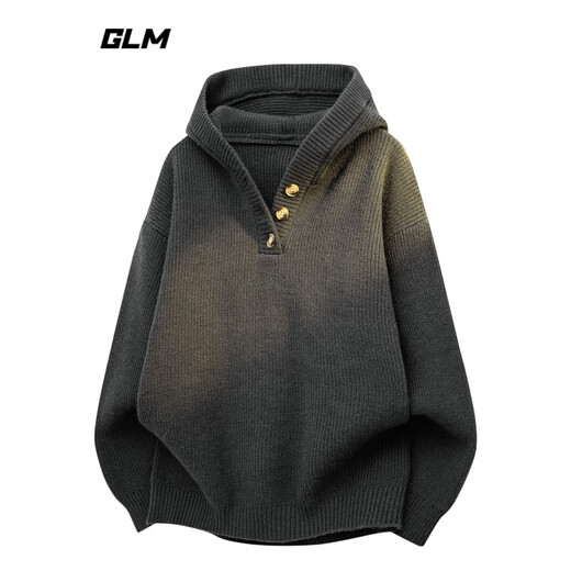 GLMGlm American Vintage Henley Collar Hooded Sweater Men's Autumn Loose Sweater Jacket Misty Black Gray L_120-140Jin Jin equals 0.5 kg