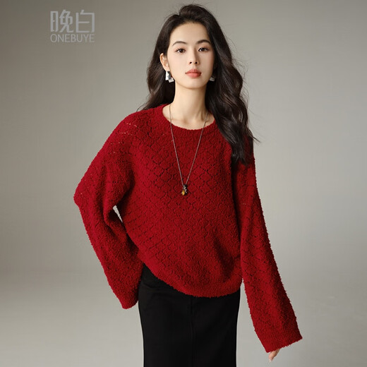 Late White New Product 2025 Autumn Fashionable and Versatile Chinese Red Sweater Solid Color Pullover Sweater Women Red S