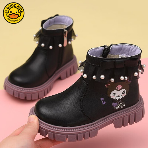 G.duck Little Yellow Duck Girls Short Boots Genuine Leather Children's Martin Boots 2025 Autumn and Winter New Kuromi Children's Shoes Plus Velvet Second Cotton Boots Black Single Boot + Soft Genuine Leather + Light Soft Sole + Kuromi Bow 33 Inner Length Approximately 21.1cm