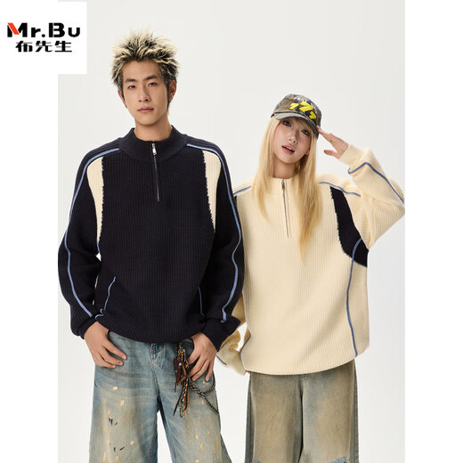 Mr. Bu couple's clothing autumn and winter American retro splicing contrasting sweaters Henry collar half-zip warm sweaters men's and women's jackets Beige M