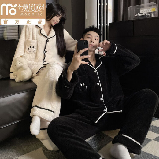 Modal Couple Pajamas Women's Winter Coral Fleece Thickened Cartoon Cute Men's Loose Autumn and Winter Home Clothes Set W1008 Black + White One Set for Men and Women M Women + Men 3XL