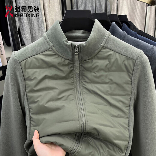 JINBA down jacket men's jacket winter spliced stand collar middle-aged and elderly men thickened warm casual versatile top base military green XL