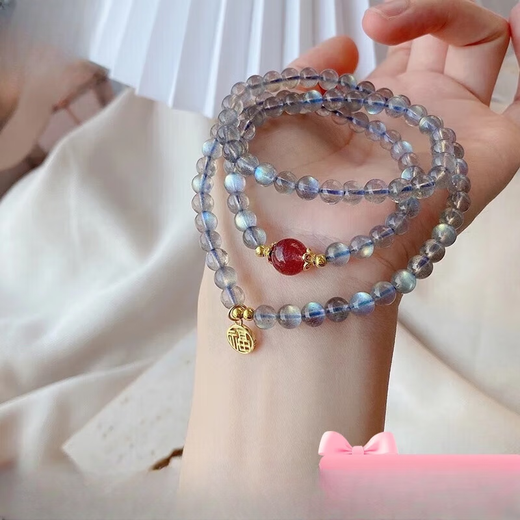 Beimeixing Moonstone Bracelet for Women Multi-ring Blue Light Crystal Three-ring Bracelet for Women Gift Beads 6mm Gray Moonlight and Aquamarine Inlaid Accessories