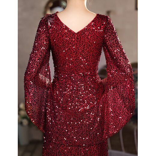 Rindu dress women's banquet evening dress high-end mother temperament slim wine red sequin mother wedding banquet dress noble and young wine red S one size