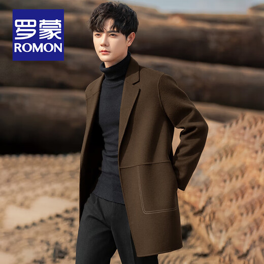 ROMON double-sided woolen wool coat for men, autumn and winter new business casual mid-length woolen woolen windbreaker men's coat, gray green 66.3% sheep wool XL size/recommended (140-155Jin Jin is equal to about 0.5 kg)
