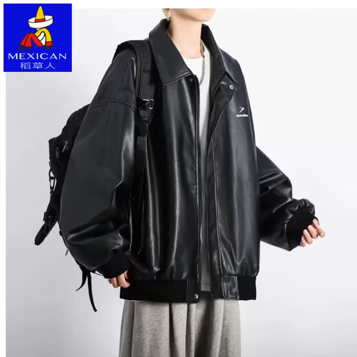 High quality black pu leather jacket men's autumn and winter velvet American style motorcycle jacket black velvet 3XL