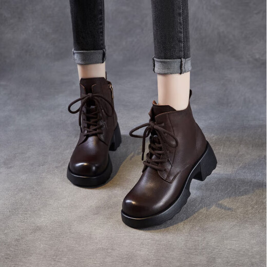 Medini Martin short boots for women 2026 spring new style genuine leather retro thick sole British thick heel light luxury heightening niche leather boots coffee color main recommendation plus velvet 37 (235mm) domestic standard leather shoe size