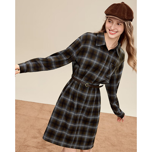 Betu women's 2025 winter new dress brushed plaid waist dress retro skirt women 2511T76 coffee plaid L