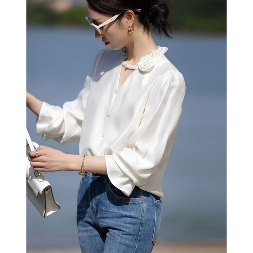 Demana shiny silk autumn temperament V-shaped flower decoration small stand-up collar shirt puff sleeve shirt women's top