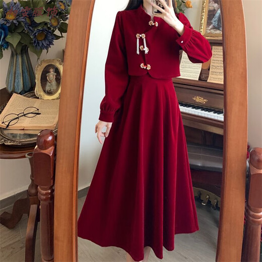 Meianjia 200 Jin Jin is equal to 0.5 kg. Large size new Chinese engagement dress toasting suit for fat mm autumn and winter bride homecoming dress new fake two-piece dress (regular style) S (recommended 80-95 Jin Jin is equal to 0.5 kg)