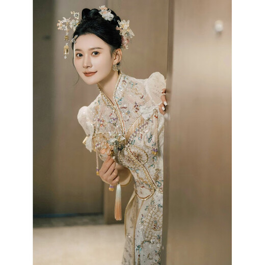 ROAR UTHAUG Show and Clothing 2025 New Champagne Color New Chinese Style Wedding Dress Elegant Small Wedding Toast Outfit Outfit XH1434 Qian Yan No Headgear S