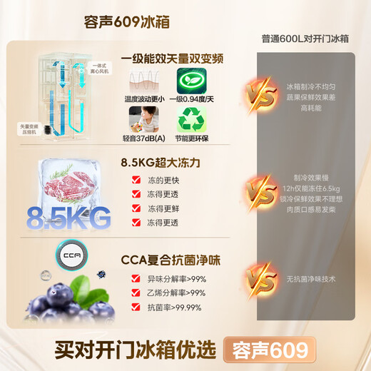 Rongsheng 609L side-by-side door refrigerator, ultra-large capacity, ultra-thin, first-class energy efficiency, air-cooled, frost-free, dual frequency conversion, energy-saving, antibacterial and odor-free, trade-in BCD-609WD11HP, national subsidy