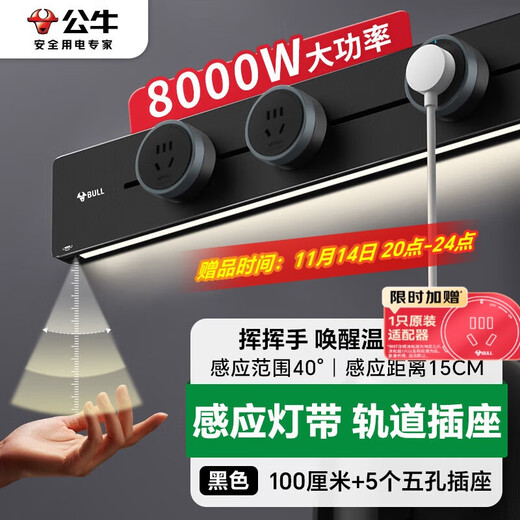 BULL Aufbauleuchte mit Stromschienen-Fassung, schlitzfrei abnehmbare Wand-Stromschienen-Fassung, Hochleistungs-Schaltsteckdosen-Panel 100 cm + 5 Fünf-Loch GB1Y, schwarz