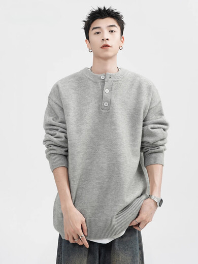 OEMG Henry collar sweater men's autumn new retro top versatile high-end casual sweater jacket dark gray XL recommended 110-130Jin Jin equals 0.5 kg