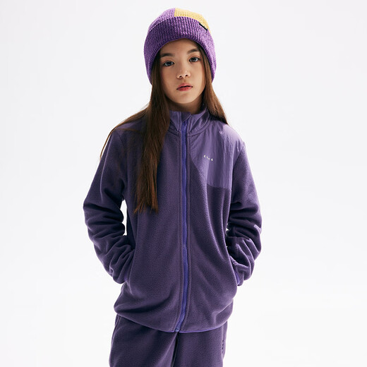 CHOPIYOPI children's clothing children's spliced polar fleece collar zipper cardigan spring and autumn new constant temperature warm jacket gray purple 110 cm