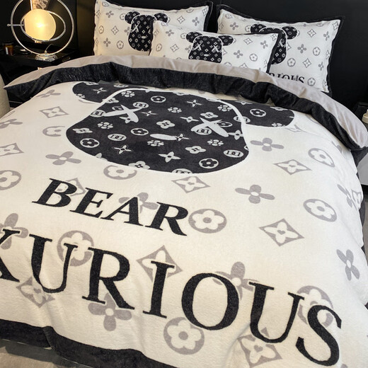 Fantasy big-brand baby velvet four-piece winter milk velvet quilt cover, coral velvet bedding, French velvet sheets, winter trendy brand bear bed sheet, suitable for 1.5m bed, recommended to match 200x230c