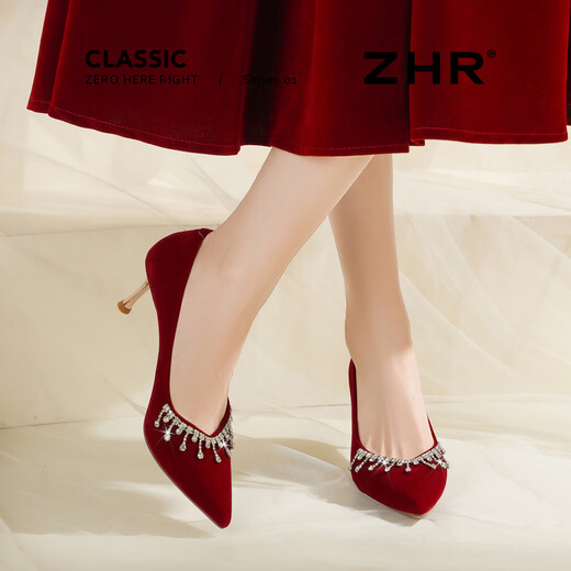 ZHR high heels women's stiletto pointed cheongsam main wedding shoes women's shoes wedding dress Xiuhe toast bridal shoes FM10 red 37