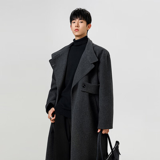 JEEP SPIRIT Jeep woolen coat men's trendy autumn and winter thickened warm mid-length men's casual coat windbreaker dark gray L