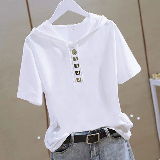 Hooded T-shirt for women 2025 short-sleeved summer loose half-sleeved casual slimming and age-reducing fashionable sweatshirt for women white T-shirt trendy white-baseball cap M 90Jin Jin equals 0.5kg to wear below