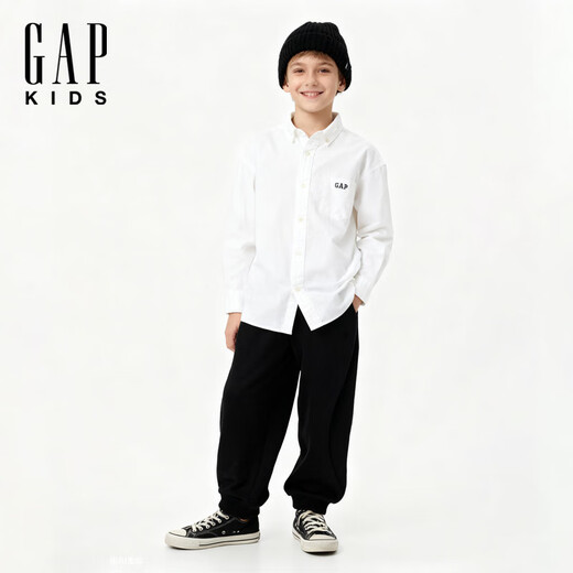 Gap Boys' Spring Embroidered Logo Long-Sleeved Shirt Fitted Children's Top US Version 605359 White 120/64 (6-7 years old)