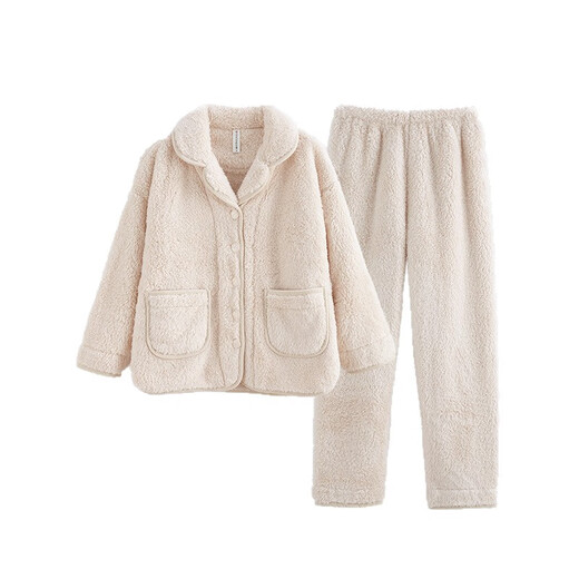 Fenton Sheep Velvet Couple Pajamas Winter Women's Thickened Large Size Flannel Men's Autumn and Winter Home Clothes J98341477 Oatmeal Women L