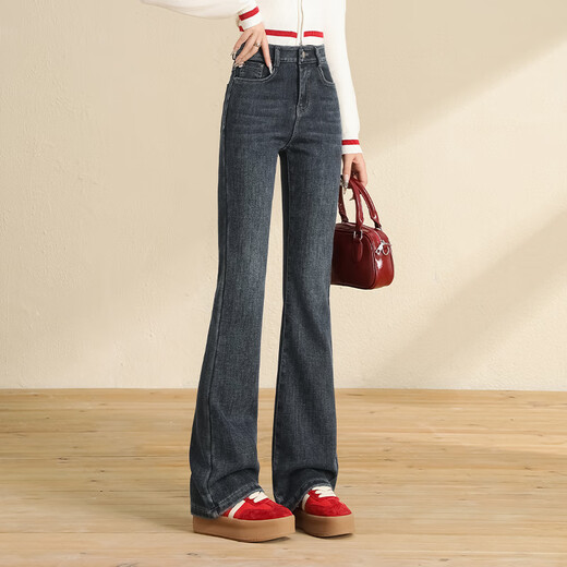 Every time micro-flared jeans for women 2025 autumn and winter plus velvet high waist slimming plus velvet high elastic slim flared pants 2567 blue L