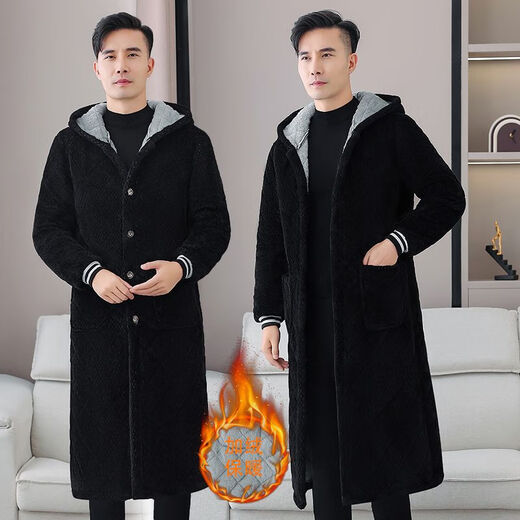 Sichuan Province winter velvet thickened cotton coat coat lengthened knee-length overalls work clothes home clothes warm cotton clothes medium-length men black (thickened) 5XL (recommended 170-200Jin Jin equals 0.5 kg)