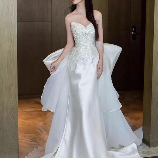 ANJY French Satin Light Wedding Dress 2025 New Heavy Industry Engagement Dress Tube Top Going Out Fishtail Bridal Toast Wear 125 White L