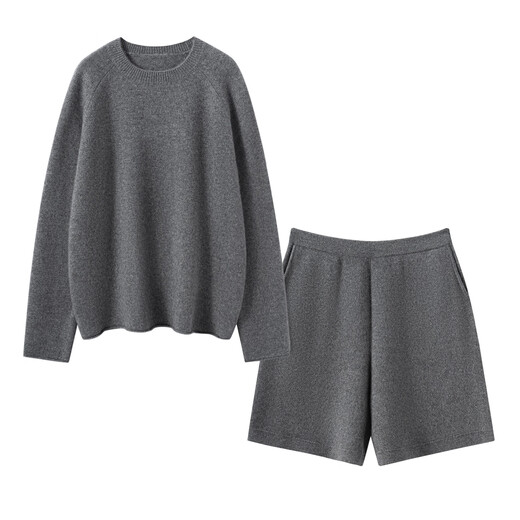 Mushi Cashmere Suit Women's Cashmere Sweater and Cashmere Shorts Women's Autumn and Winter New Knitted Suit Cashmere Sweater Thick AS551 Gray Green M