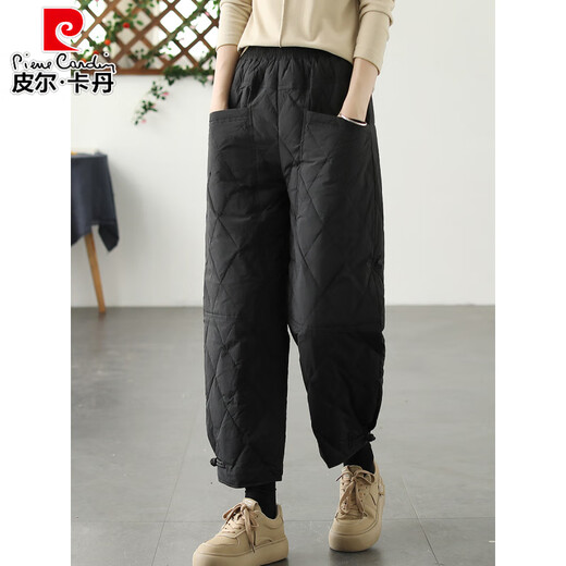 Pierre Cardin 2026 new solid color diamond white duck down buckle casual cotton pants for women thickened warm down pants for women's winter outer wear coffee color L recommended 140Jin Jin equal to within 0.5 kg