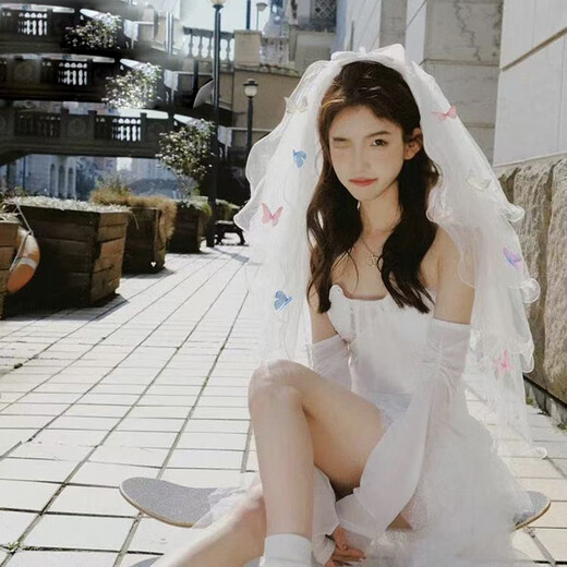 Bo Na Ling Veil Bridal Butterfly Wedding Registration Certificate Veil Simple Travel Photography Photo Proposal Concert Headwear Props Colorful Butterfly Four-layer Beaded Veil About 80cm