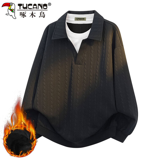 Woodpecker (TUCANO) sweatshirt men's autumn and winter lapel loose long-sleeved T-shirt fake two-piece polo bottoming shirt jacket gray plus velvet XL