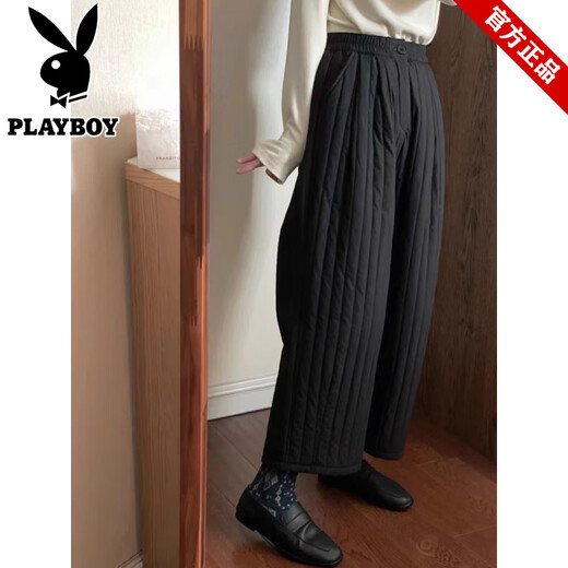 PLAYBOY (PLAYBOY) thickened vertical striped down cotton pants for women's winter outerwear, Japanese style small men's quilted wide-leg pants, warm granny pants, black 2XL 145-160Jin Jin equals 0.5 kg