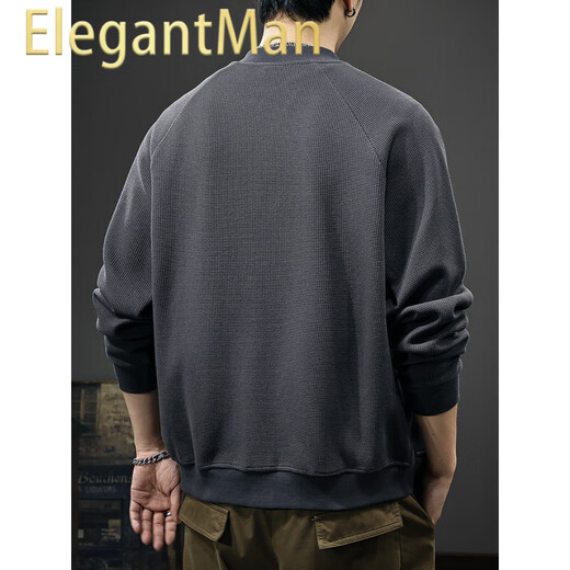 ElegantMan waffle Japanese retro cardigan men's sweatshirt autumn new trend Henry collar top versatile casual jacket dark gray M _Suitable weight-120Jin Jin equals 0.5 kg